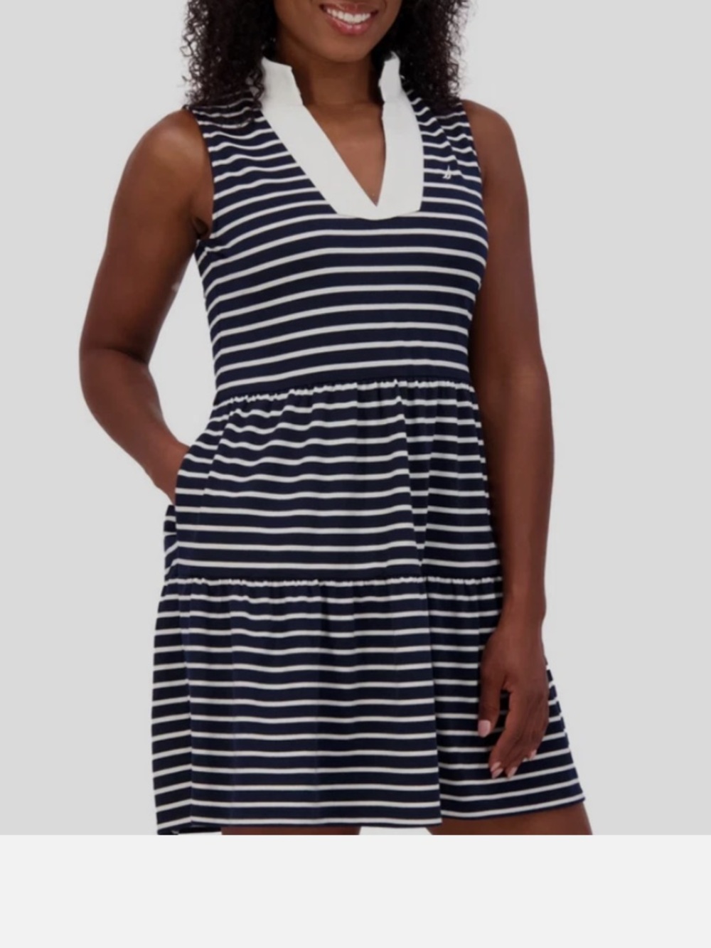 Nautica Navy and White Striped V-Neck Dress with White Trim Size L NEW